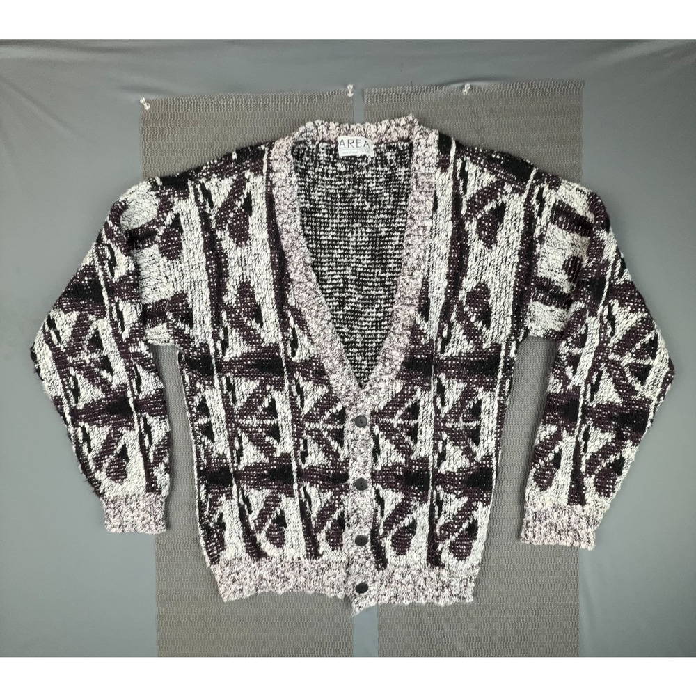 Vintage AREA by TAG Chunky Knit Cardigan Sweater Purple White L Made in USA